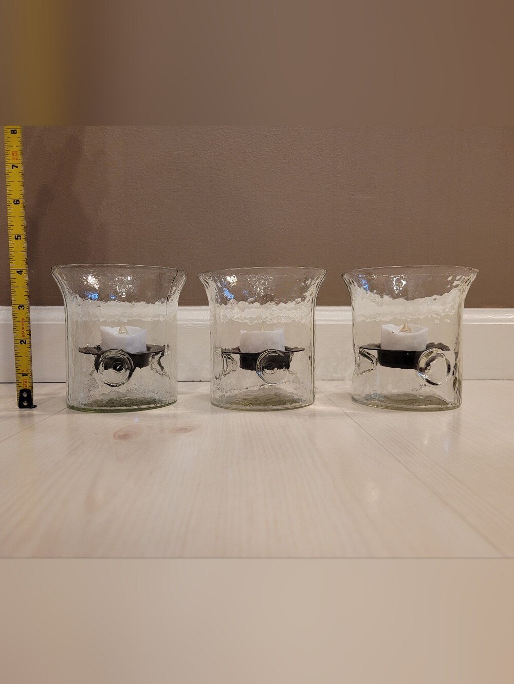 Set Of 3 Pottery Barn Handmade Mini Glass Hurricane Candle Holder W/ Rustic Tray